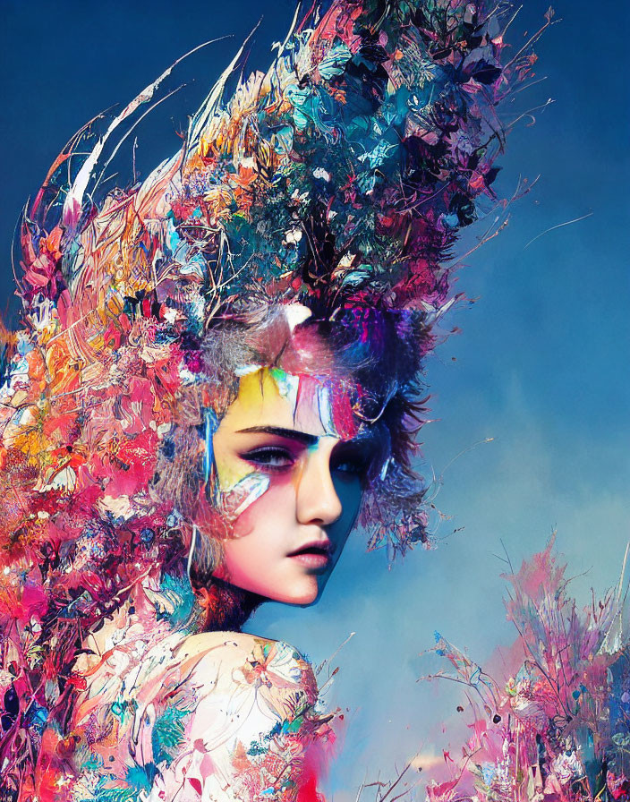 Colorful Feathered Headwear and Artistic Makeup Against Blue Sky