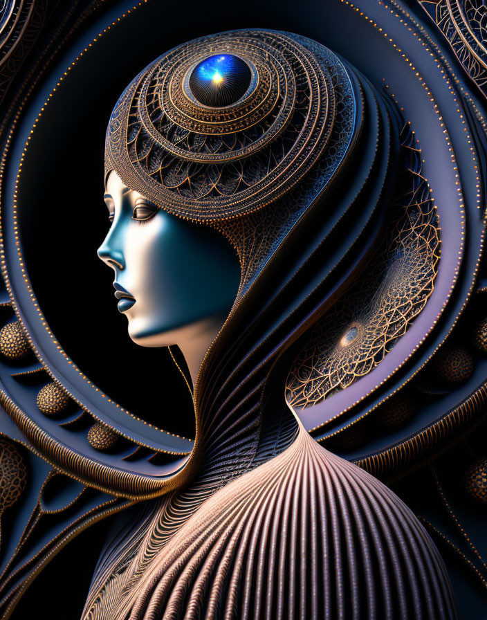 Stylized female figure with cosmic design and glowing orb.