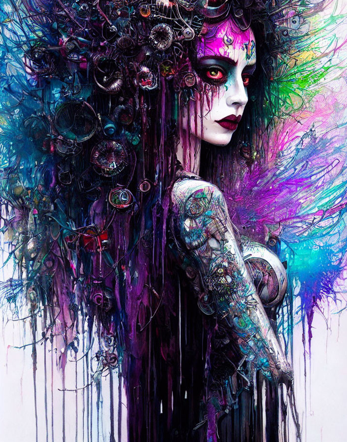 Colorful Fantasy Illustration: Woman with Elaborate Makeup and Metal Headdress