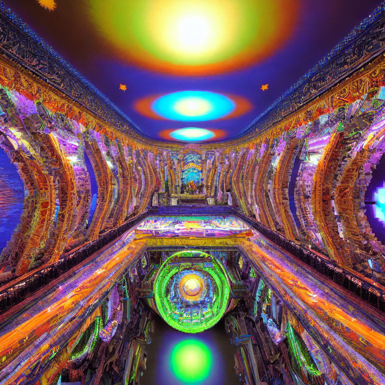 Colorful fractal image of cathedral-like interior with neon hues and floating orbs.