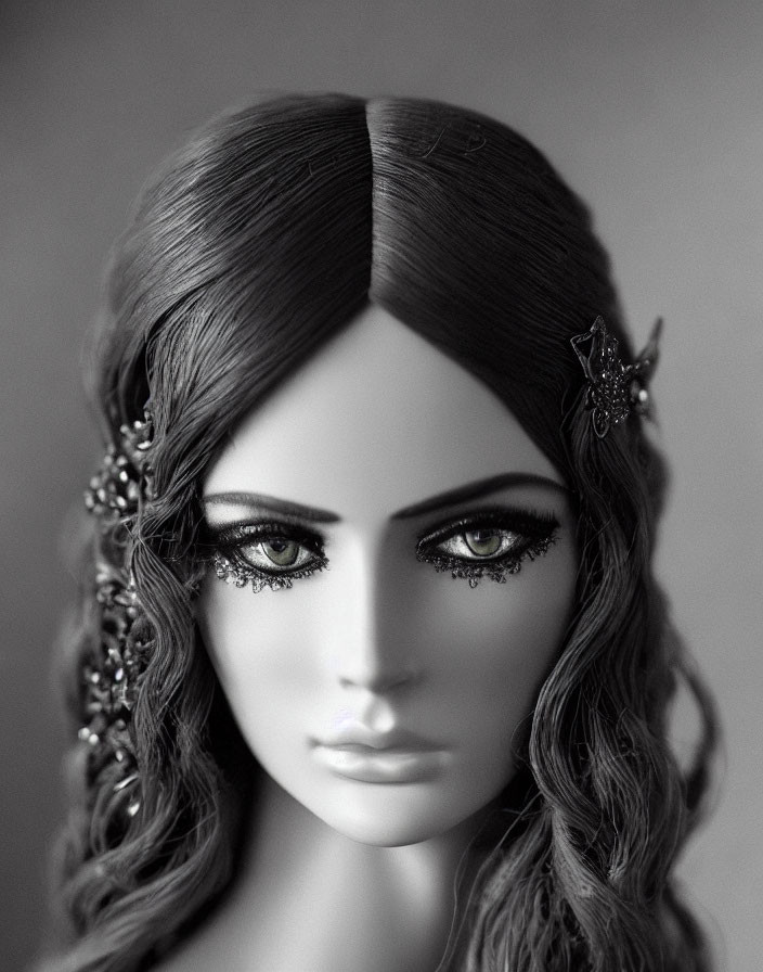 Monochrome image of mannequin with intricate facial features and eye makeup