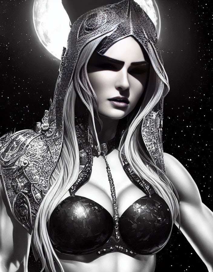 Monochrome fantasy female warrior in detailed armor against starry backdrop