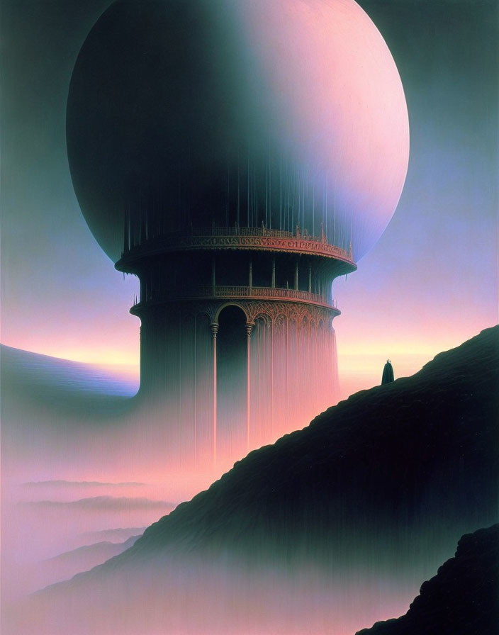 Surreal artwork: orb-like structure on misty mountain with solitary figure