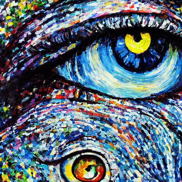 Vibrant impressionist painting of eyes in blues, yellows, and reds