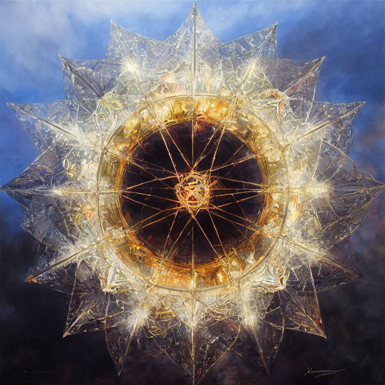 Symmetrical golden structure with intricate details in abstract art.