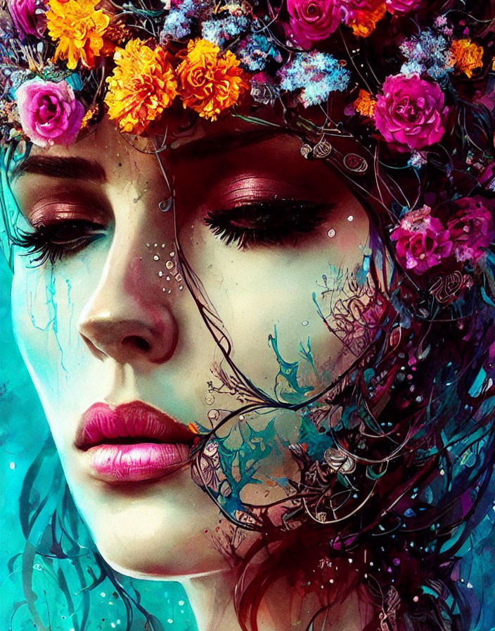 Colorful Woman with Floral Crown and Merged Flowers: Mystical Aura