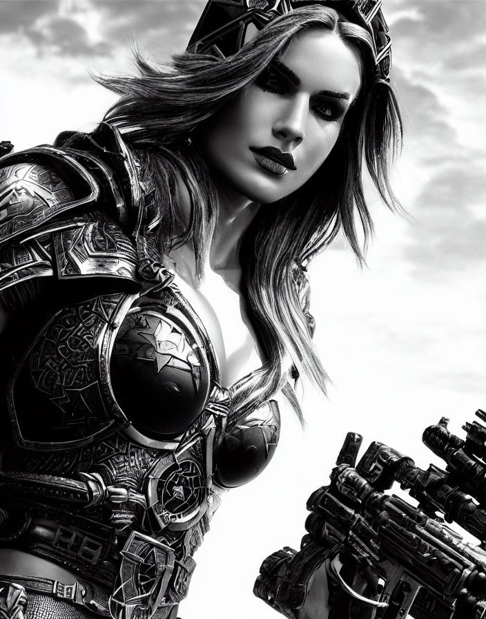 Monochromatic female warrior in elaborate armor against cloudy sky