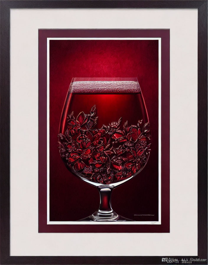 Framed Artwork: Redwine Glass with Floral Etchings on Burgundy Background