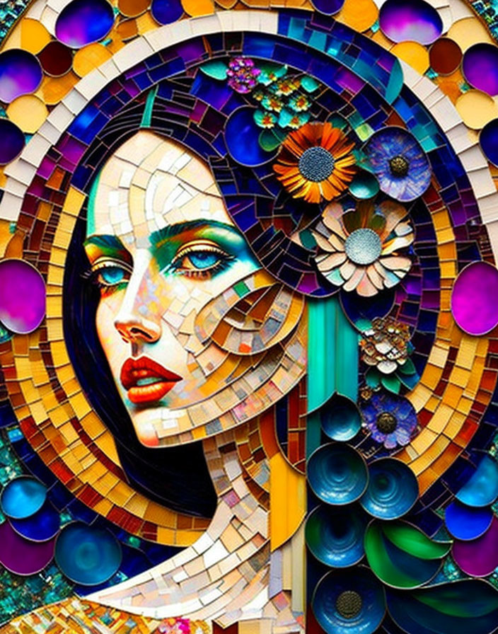 Colorful Woman Mosaic Artwork with Floral and Abstract Patterns