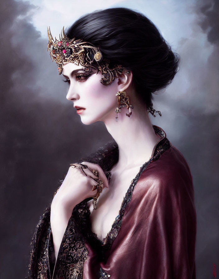 Elegant Woman with Dark Updo, Gold Crown, Burgundy Cloak