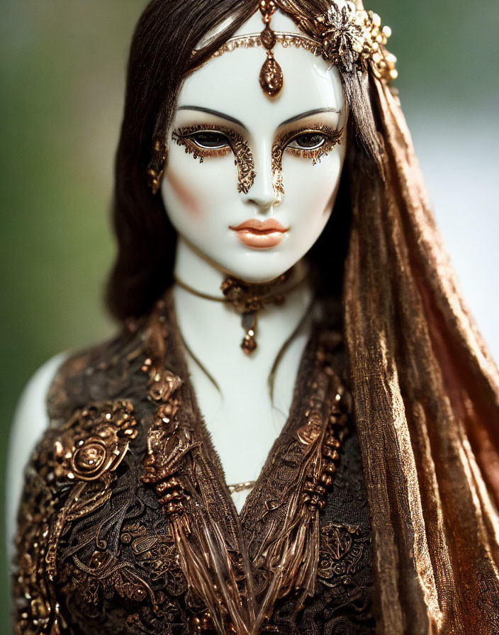 Detailed Doll with Gold Mask and Brown Garment on Soft Background