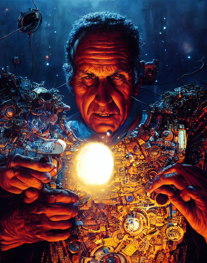 Cybernetic man holding glowing orb in futuristic setting.