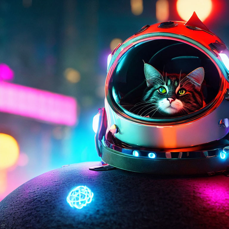 Green-eyed cat in futuristic helmet on neon-lit background