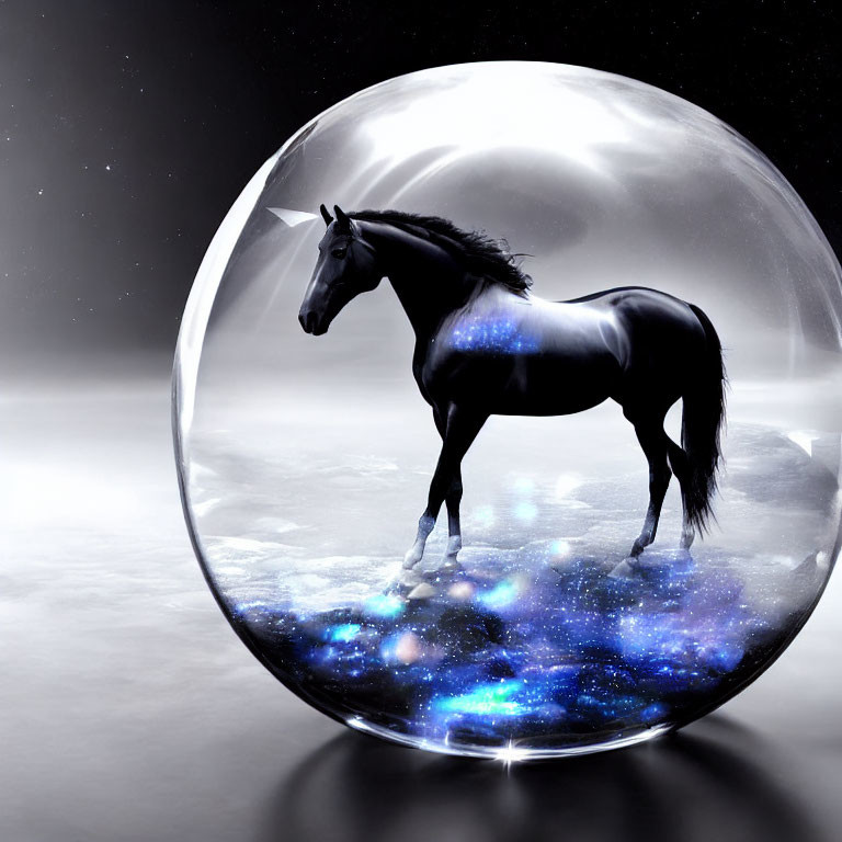 Majestic unicorn with starry cosmos in transparent sphere