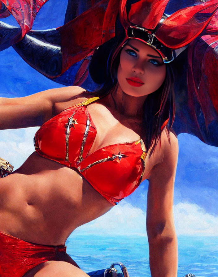 Fantasy woman in red armor bikini with blue horned helmet on vivid blue sky