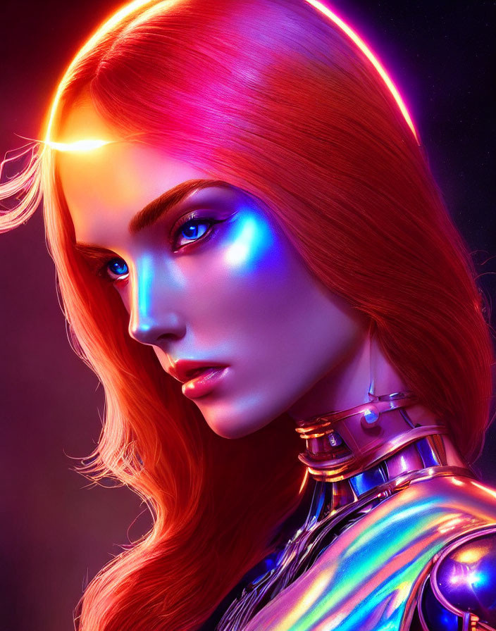 Vibrant digital artwork of woman with red hair under neon lights