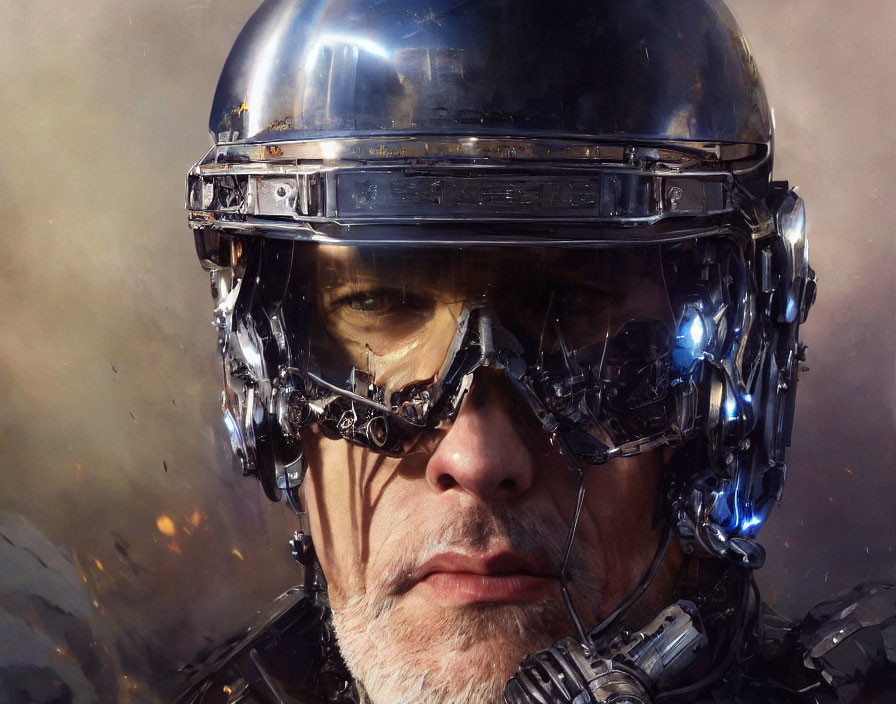 Intense man in futuristic helmet with high-tech visor and intricate mechanical details