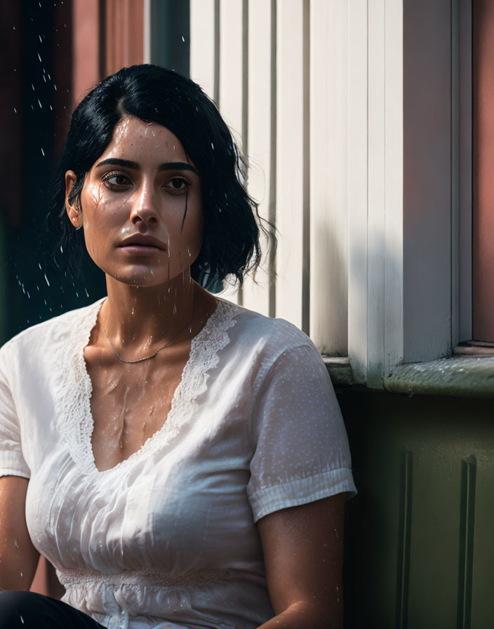 Woman sitting by window with raindrops, light casting shadows, white top