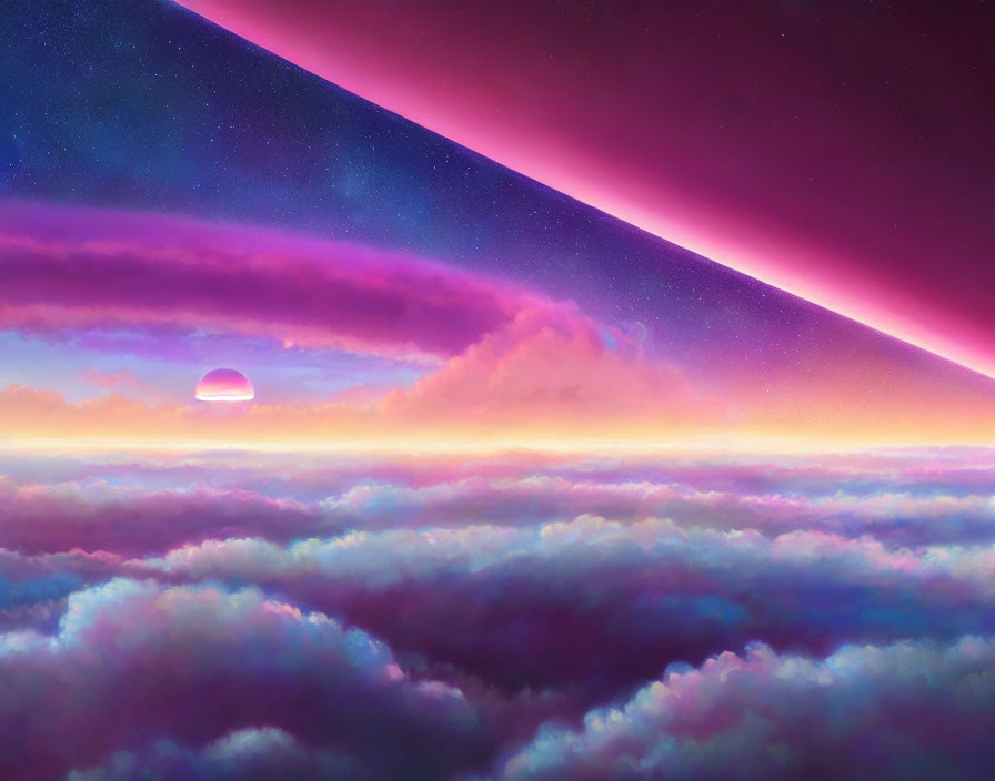 Starry sky transitions to surreal pink and purple sunset above fluffy clouds