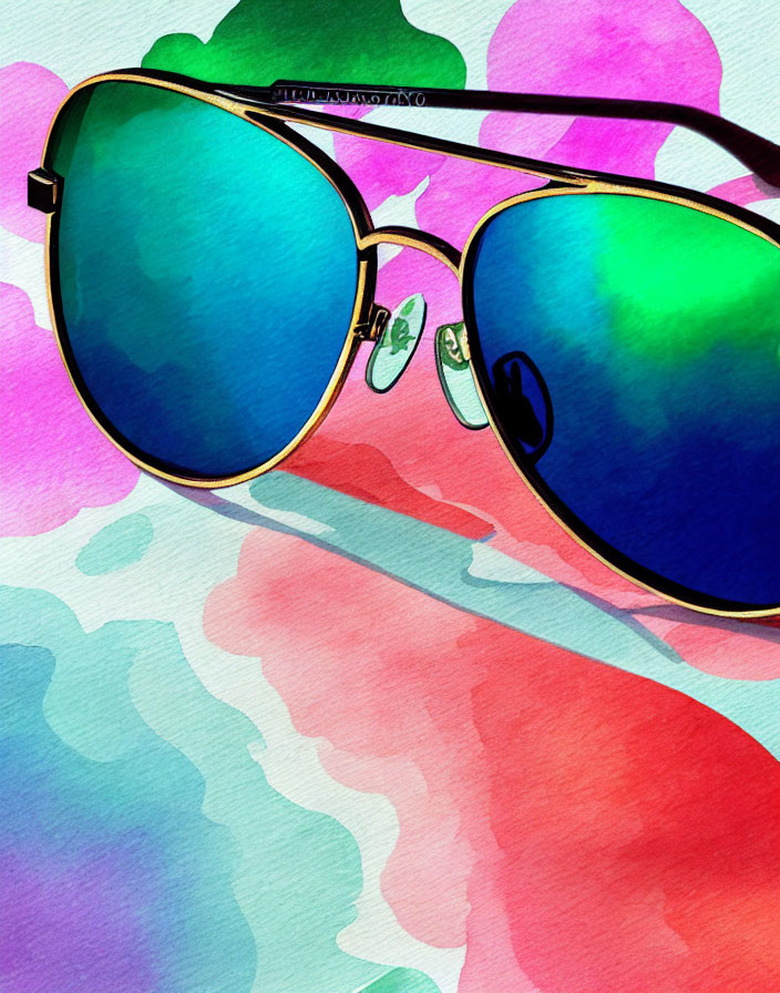 Multicolored Reflective Sunglasses on Vibrant Watercolor Background