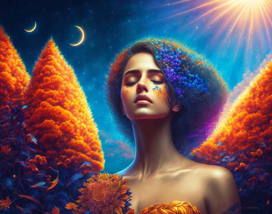 Woman with flowers in hair in front of orange trees and celestial sky