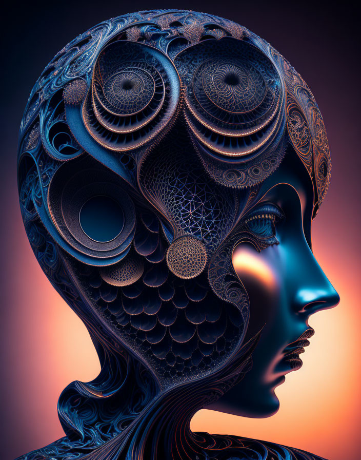 Profile View Digital Artwork of Human Head with Ornate Patterns and Mechanical Features on Gradient Background