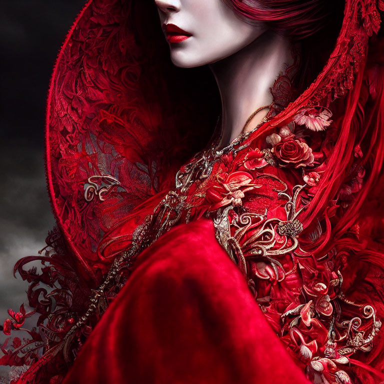 Luxurious red cloak with intricate gold embroidery on a woman with pale skin and red lips