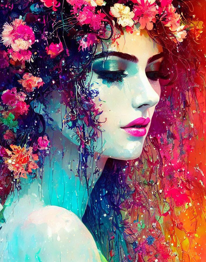 Colorful digital artwork of woman with floral headpiece in vibrant hues