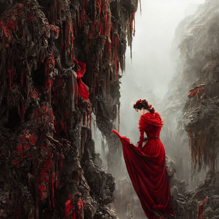 Woman in red dress with floral headpiece among misty rock formations