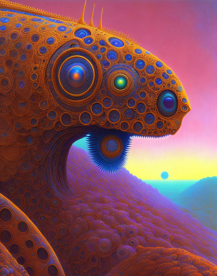 Colorful surreal creature with intricate patterns and large eyes in dreamy sunset landscape