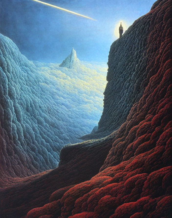 Solitary figure in alien landscape with towering cliffs and comet-filled sky