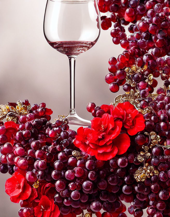 Red Wine Glass with Grapes and Flowers on Beige Background