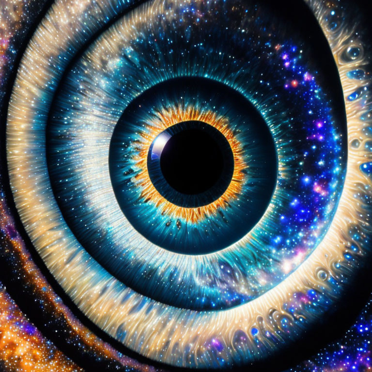 Detailed human eye with blue and orange iris and cosmic textures