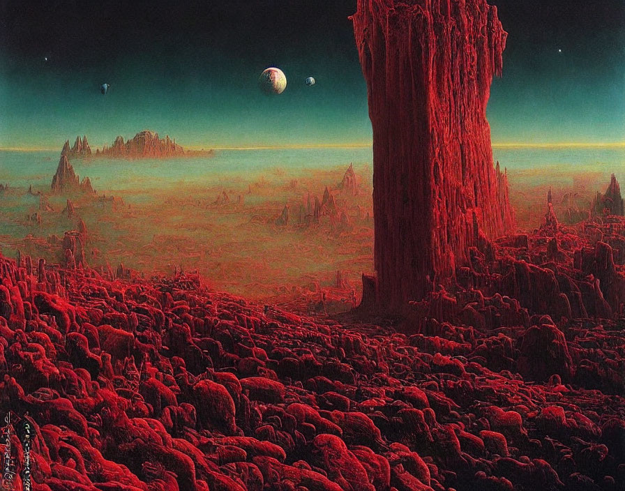 Surreal red landscape with central tree and distant mountains