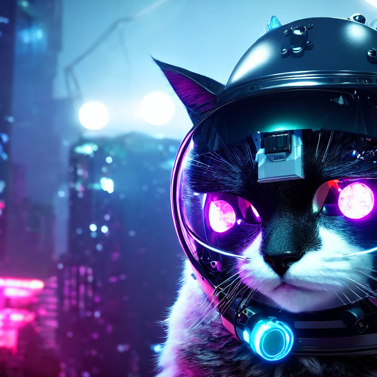 Futuristic cat with glowing pink eyes in neon cityscape