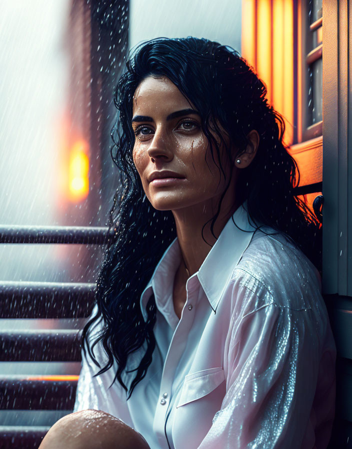 Contemplative woman with wet hair by window in the rain