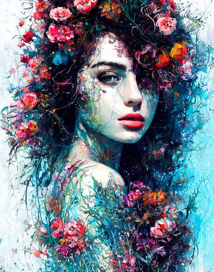 Colorful painting of woman with floral hair and bold brush strokes