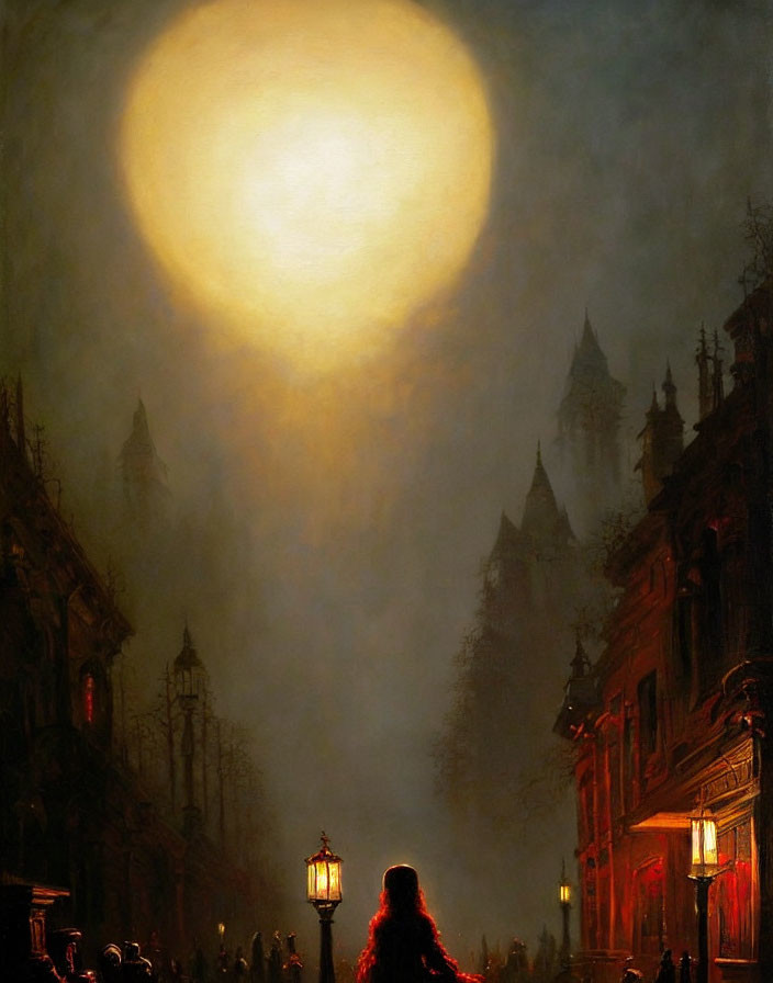 Misty street scene with glowing moon, silhouettes of people, Victorian buildings, and figure in