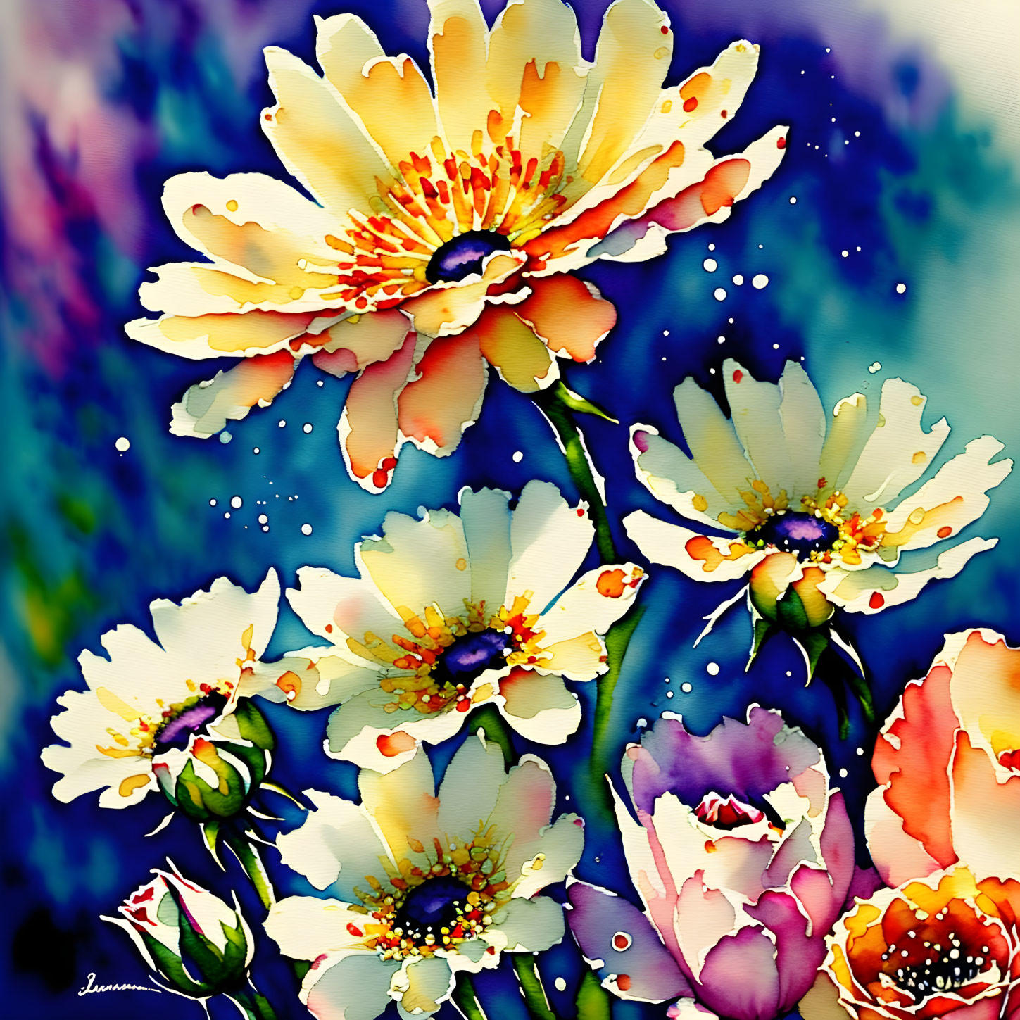 Colorful Flowers Watercolor Painting on Blue and Purple Background