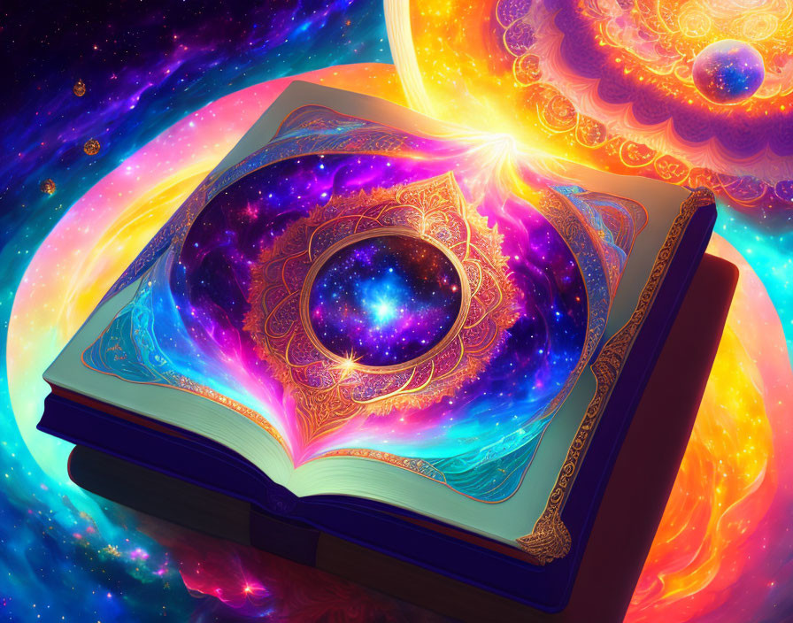 Cosmic illustrations in an open book with celestial energy.