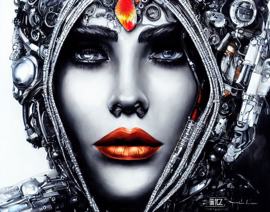 Hyper-realistic artwork of woman with intricate mechanical headdress and red gem.