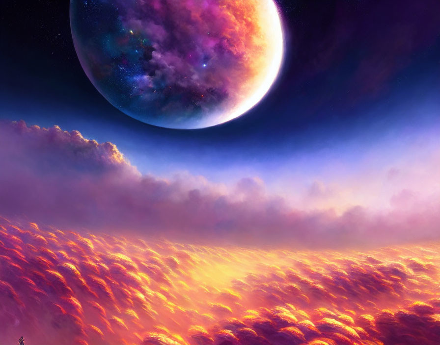 Large celestial body in dreamlike cosmic landscape under purple and blue starry sky