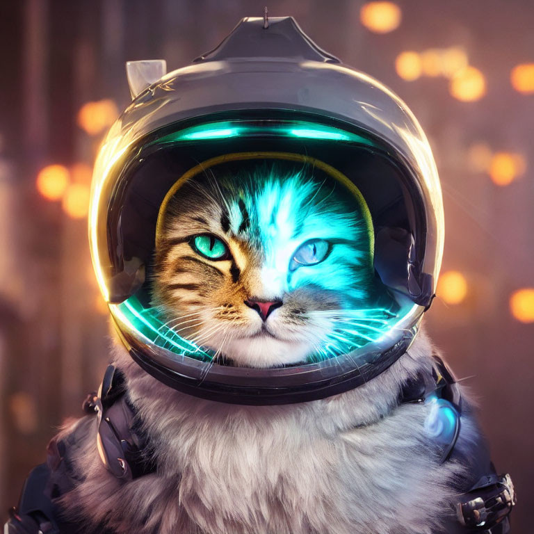 Blue-eyed Cat in Futuristic Astronaut Helmet on Bokeh Background