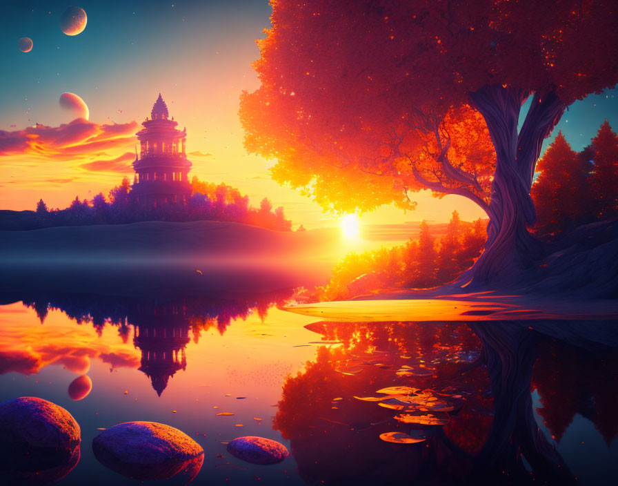 Surreal sunset with reflective lake, autumn trees, pagoda & multiple moons.