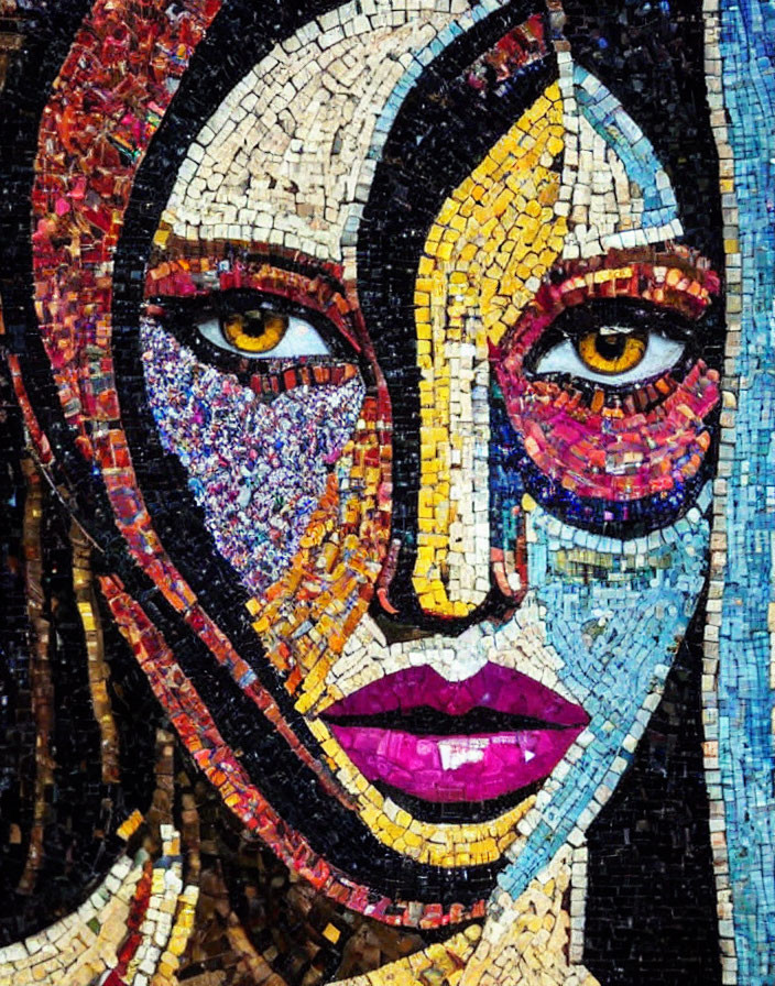 Vibrant mosaic of stylized female face with colorful tiles