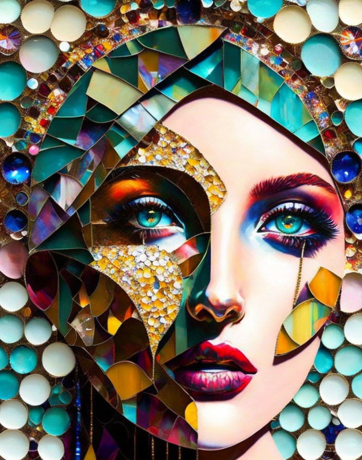 Colorful mosaic portrait of a woman with blue eyes and geometric shapes.