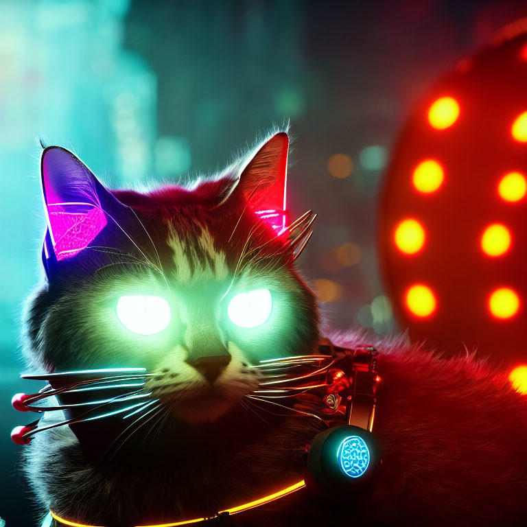 Stylized cat with glowing green eyes in neon headphones and glasses against urban backdrop