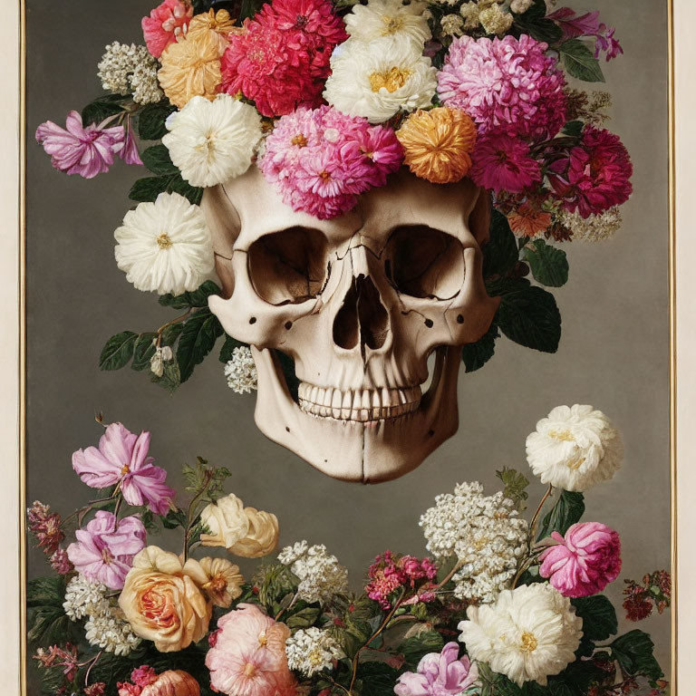 Skull surrounded by colorful flowers on muted backdrop