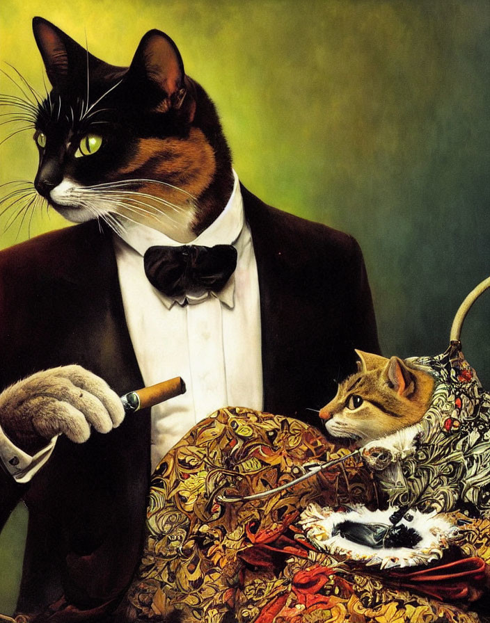 Anthropomorphized cat painting in tuxedo with cigar, accompanied by smaller cat in pendant