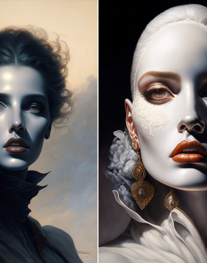 Contrasting portraits of women: dark tones vs. pale with white makeup